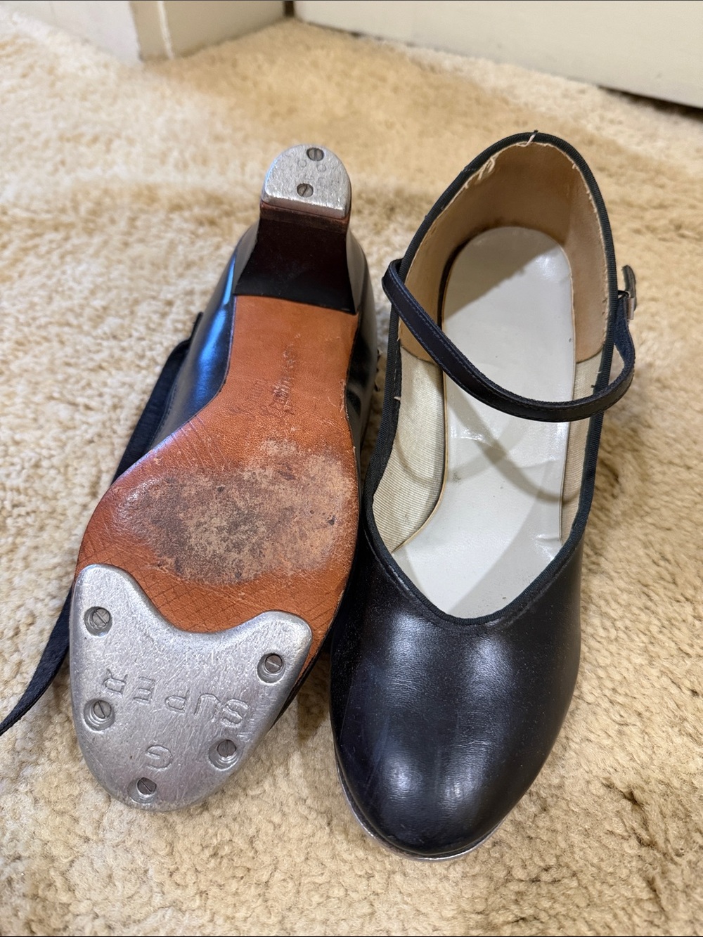 Women's Black Leather Tap Heels with Ankle Strap